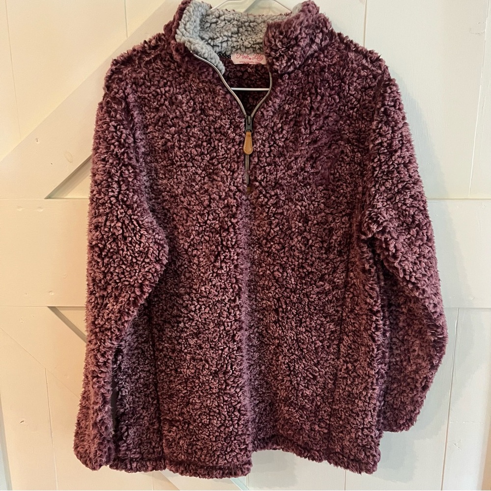 Pink Lily Maroon Quarter-Zip Sherpa‎ Pullover Size Small Cozy Relaxed Fit